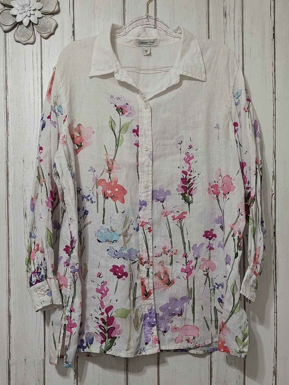 Coldwater Creek White Floral Button-Down Shirt with Watercolor Blooms